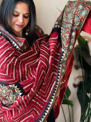 Pinkish Red Rai Bandhani, Ajrakh Dupatta with Gotapatti Handwork in Gajji Silk