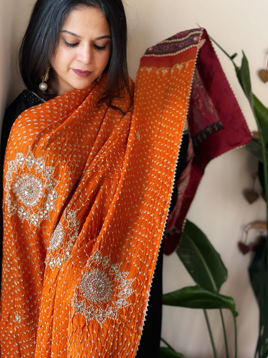 Haldi Yellow Rai Bandhani, Ajrakh Dupatta with Gotapatti Handwork in Gajji Silk