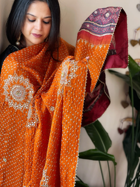 Haldi Yellow Rai Bandhani, Ajrakh Dupatta with Gotapatti Handwork in Gajji Silk