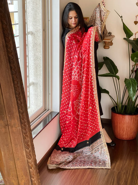 Pink Rai Bandhani, Ajrakh Dupatta with Gotapatti Handwork in Modal Silk