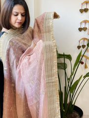 Baby Pink Crushed Tissue Dupattas with Cut Daana, Sequin Work and Gota Border