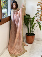 Baby Pink Crushed Tissue Dupattas with Cut Daana, Sequin Work and Gota Border