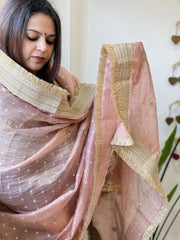 Baby Pink Crushed Tissue Dupattas with Cut Daana, Sequin Work and Gota Border