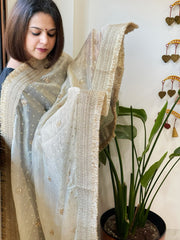 Cream Crushed Tissue Dupattas with Cut Daana, Sequin Work and Gota Border