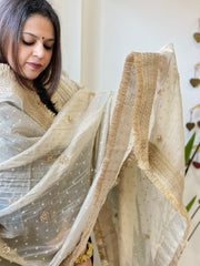 Cream Crushed Tissue Dupattas with Cut Daana, Sequin Work and Gota Border