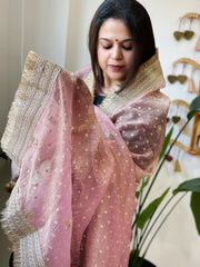 Pink Crushed Tissue Dupattas with Cut Daana, Sequin Work and Gota Border