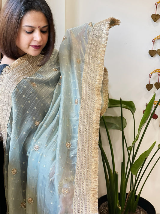 Aqua Green Crushed Tissue Dupattas with Cut Daana, Sequin Work and Gota Border