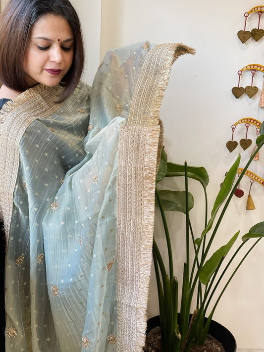 Aqua Green Crushed Tissue Dupattas with Cut Daana, Sequin Work and Gota Border