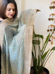 Aqua Green Crushed Tissue Dupattas with Cut Daana, Sequin Work and Gota Border