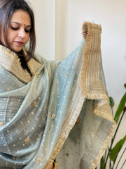 Aqua Green Crushed Tissue Dupattas with Cut Daana, Sequin Work and Gota Border