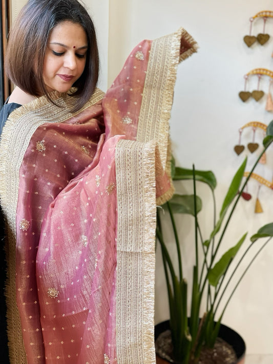 Onion Pink Crushed Tissue Dupattas with Cut Daana, Sequin Work and Gota Border