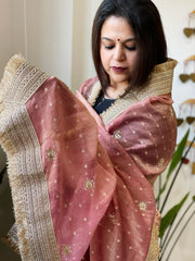 Onion Pink Crushed Tissue Dupattas with Cut Daana, Sequin Work and Gota Border