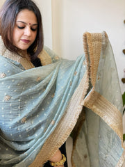 Aqua Blue Crushed Tissue Dupattas with Cut Daana, Sequin Work and Gota Border