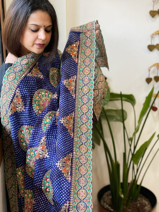 Blue Chinon Dupatta with Aari Embroidery