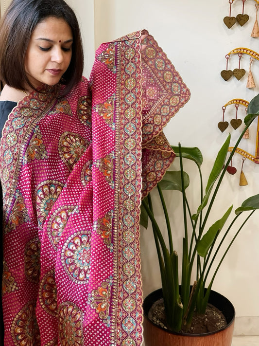 Pink Chinon Dupatta with Aari Embroidery