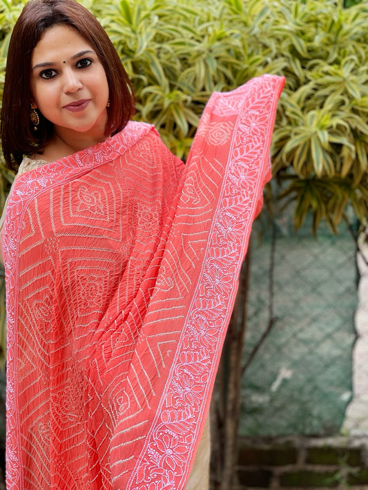 Fluorescent Orange Rai Bandhej Dupatta with Lucknowi Handwork in Pure Georgette