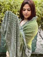 Green, Olive Green Rai Bandhej Dupatta with Lucknowi Handwork in Pure Georgette