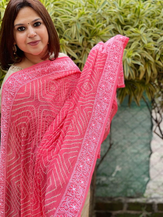 Fluorescent  Pink Rai Bandhej Dupatta with Lucknowi Handwork in Pure Georgette