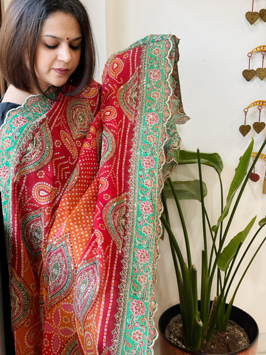 Orange, Red Chinon Dupatta with Aari Embroidery