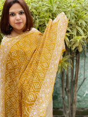 Mustard Yellow Rai Bandhej Dupatta with Lucknowi Handwork in Pure Georgette