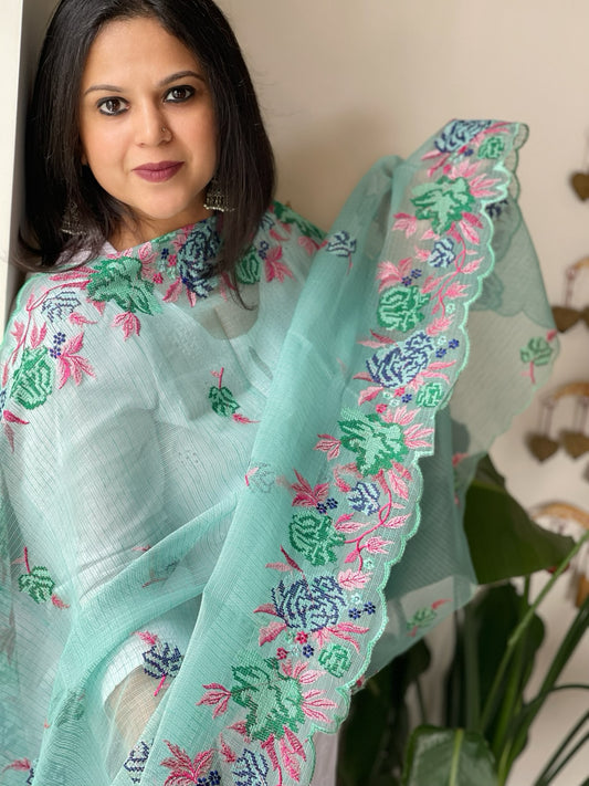 Aqua Blue Kota Cotton Dupatta with Cross-Stitch Embroidered Border
