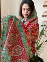 Orange, Red Chinon Dupatta with Aari Embroidery
