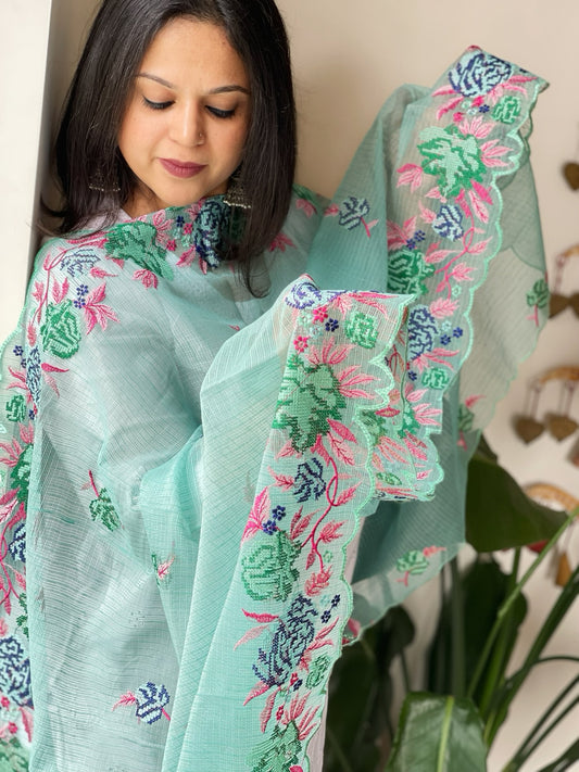 Aqua Blue Kota Cotton Dupatta with Cross-Stitch Embroidered Border