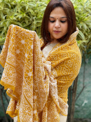 Mustard Yellow Rai Bandhej Dupatta with Lucknowi Handwork in Pure Georgette