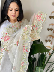 Off-White Kota Cotton Dupatta with Cross-Stitch Embroidered Border