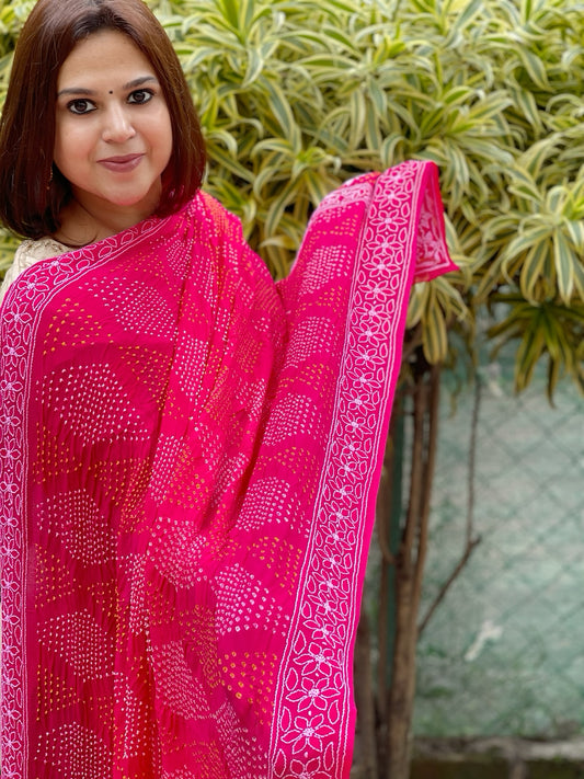 Hot Pink Rai Bandhej Dupatta with Lucknowi Handwork in Pure Georgette