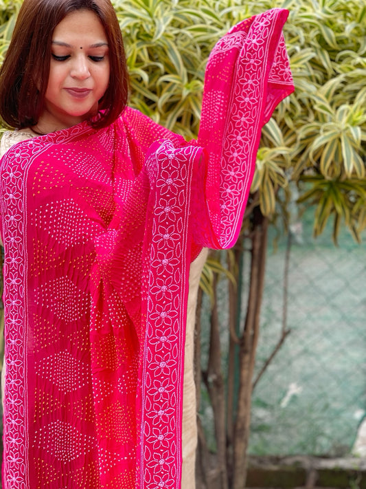 Hot Pink Rai Bandhej Dupatta with Lucknowi Handwork in Pure Georgette