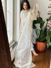 Off-White Kota Cotton Dupatta with Cross-Stitch Embroidered Border