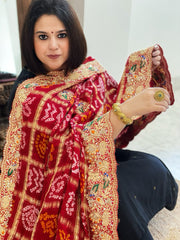 Red Gharchola Piliya Dupatta with Heavy Zardosi Handwork in Pure Gajji Silk