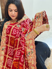 Red Gharchola Piliya Dupatta with Heavy Zardosi Handwork in Pure Gajji Silk