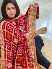 Red Gharchola Piliya Dupatta with Heavy Zardosi Handwork in Pure Gajji Silk