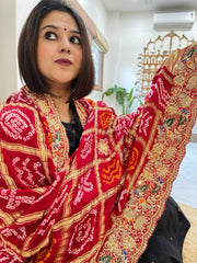 Red Gharchola Piliya Dupatta with Heavy Zardosi Handwork in Pure Gajji Silk