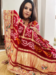 Red Gharchola Piliya Dupatta with Heavy Zardosi Handwork in Pure Gajji Silk