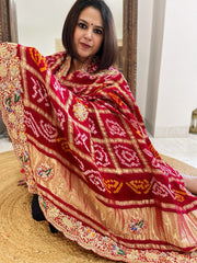 Red Gharchola Piliya Dupatta with Heavy Zardosi Handwork in Pure Gajji Silk