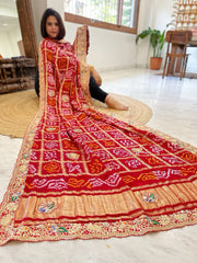 Red Gharchola Piliya Dupatta with Heavy Zardosi Handwork in Pure Gajji Silk
