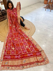 Red Gharchola Piliya Dupatta with Heavy Zardosi Handwork in Pure Gajji Silk