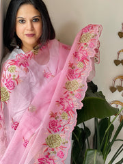 Pink Kota Cotton Dupatta with Cross-Stitch Embroidered Border