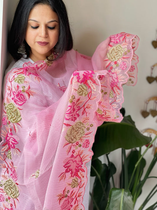 Pink Kota Cotton Dupatta with Cross-Stitch Embroidered Border