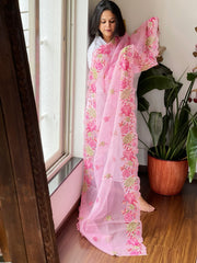 Pink Kota Cotton Dupatta with Cross-Stitch Embroidered Border