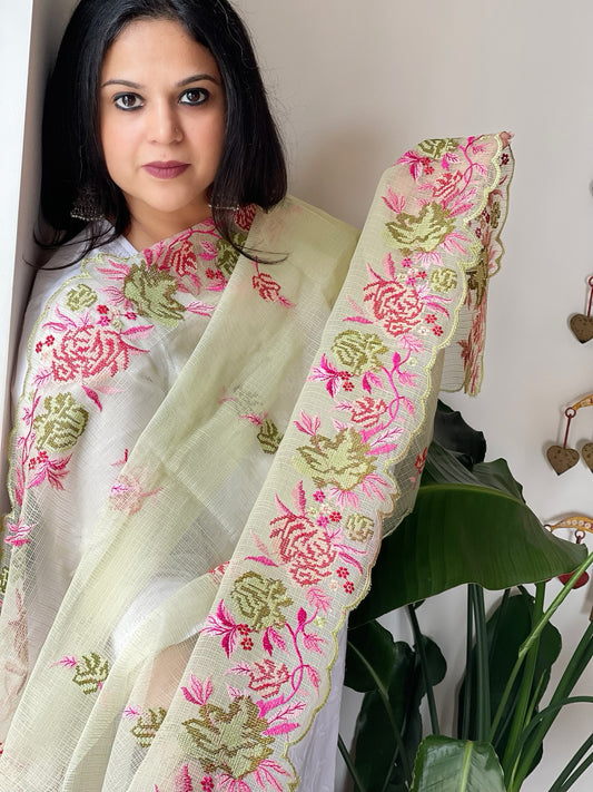 Pista Green Kota Cotton Dupatta with Cross-Stitch Embroidered Border