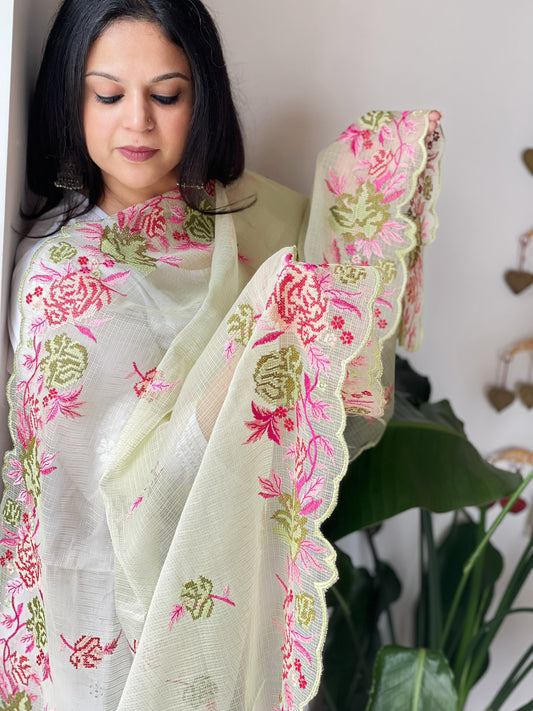 Pista Green Kota Cotton Dupatta with Cross-Stitch Embroidered Border