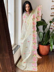 Pista Green Kota Cotton Dupatta with Cross-Stitch Embroidered Border