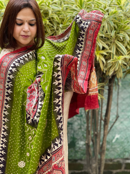 Green Bandhani, Ajrakh Dupatta with Gotapatti Handwork in Gajji Silk
