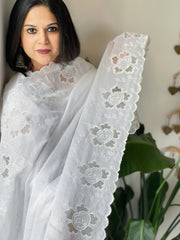 White Kota Cotton Dupatta with Cut Work