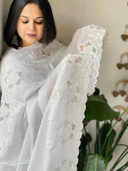 White Kota Cotton Dupatta with Cut Work
