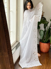 White Kota Cotton Dupatta with Cut Work